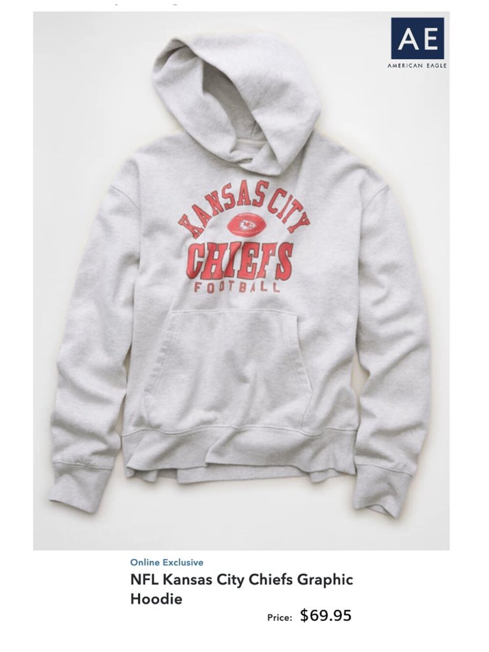 American Eagle NFL Kansas City Chiefs Grey Hoodie Sweatshirt sz XL New with Tags